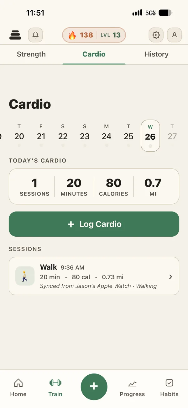 Cardio log with activity types, live timer, and recent sessions