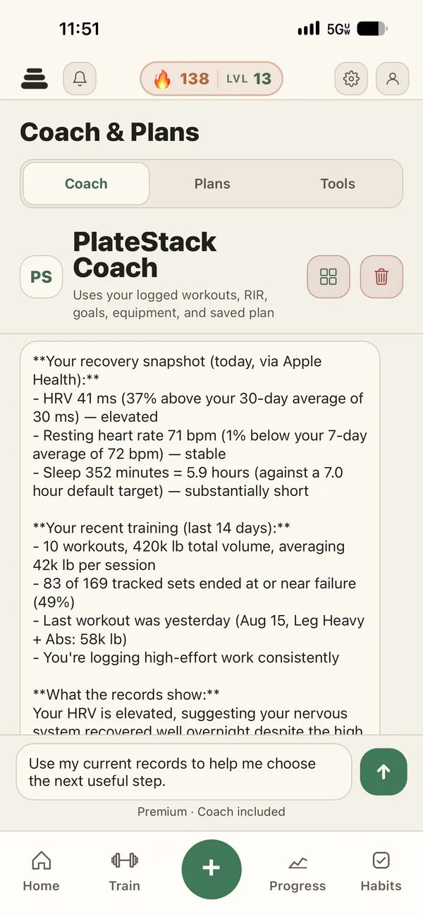 Coach conversation grounded in recent Apple Health and training records