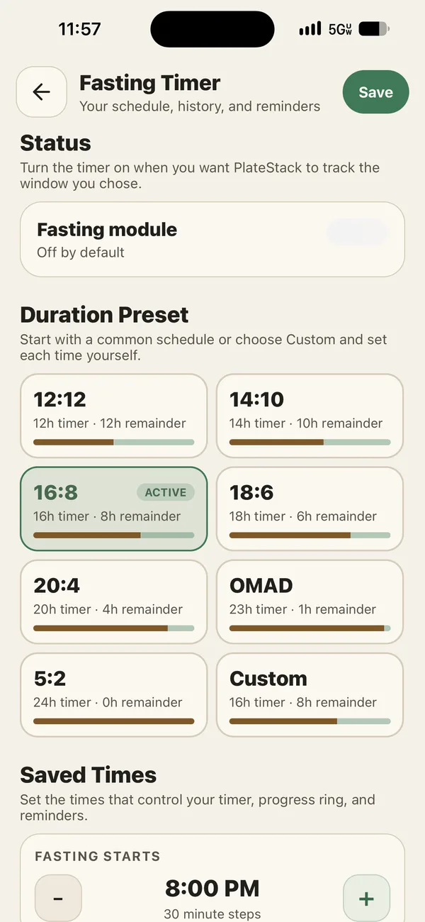 Fasting timer with the active protocol, elapsed time, and completed fast history