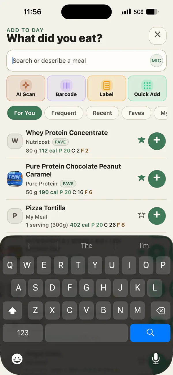 Food search results with serving details and nutrition values