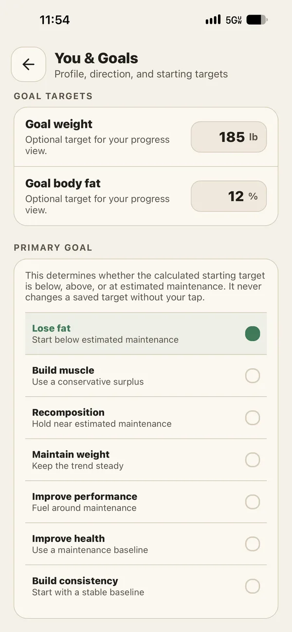 Goal setup with weight direction, activity level, and training frequency choices