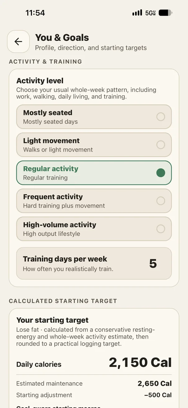 Goal settings with calculated calorie and macro targets ready to review