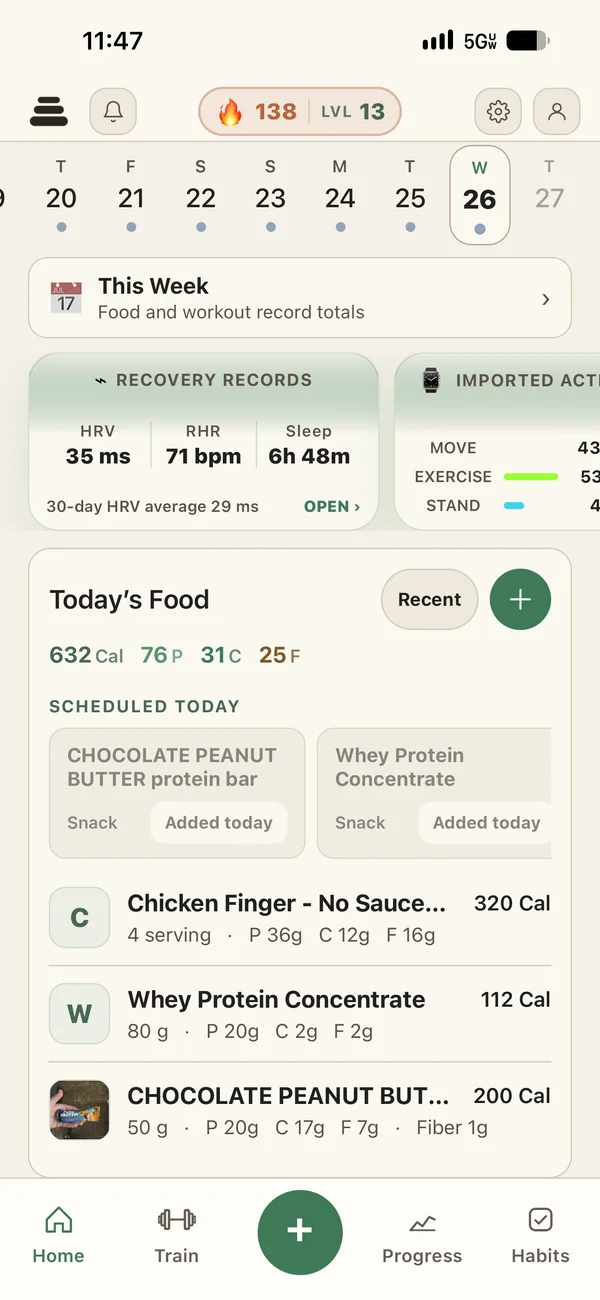 Daily food record with calories, macros, scheduled foods, and recent entries