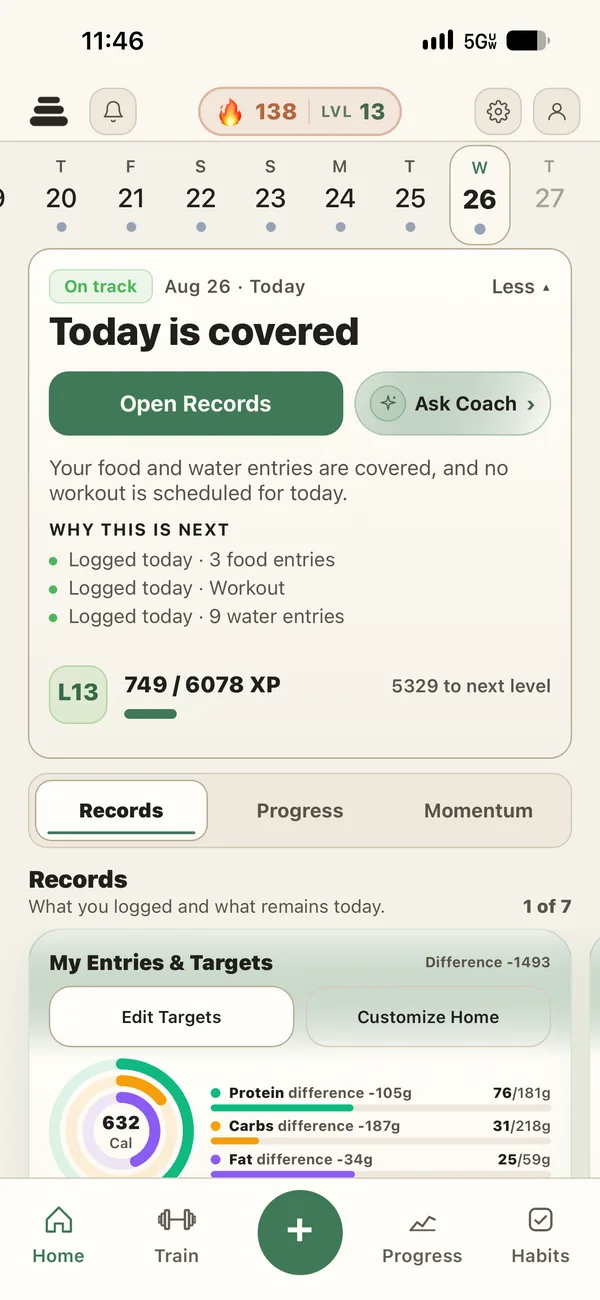 PlateStack Today screen showing food, workout, and water records logged for the day
