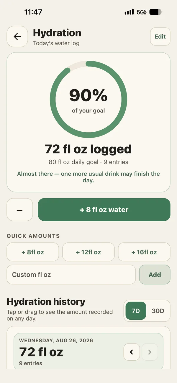 Hydration log with a daily water target, quick-add amount, and recent entries