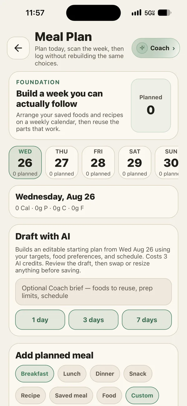 Editable meal plan with foods, portions, calories, and macros