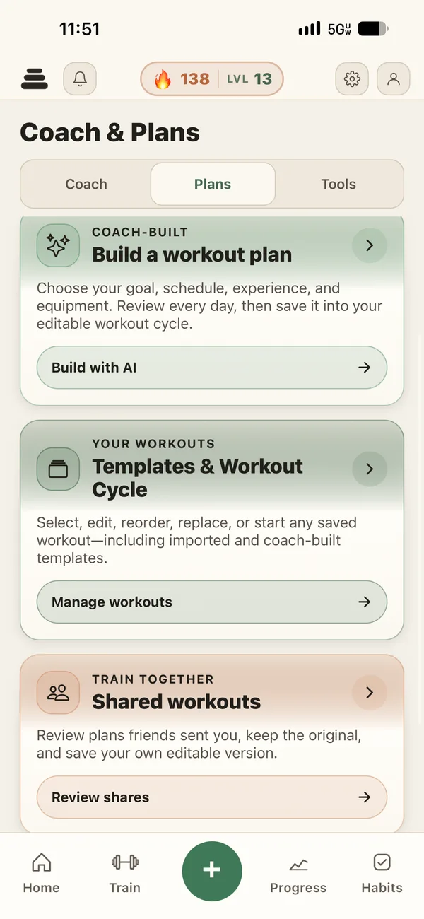 Workout and meal plan drafts ready to review and edit
