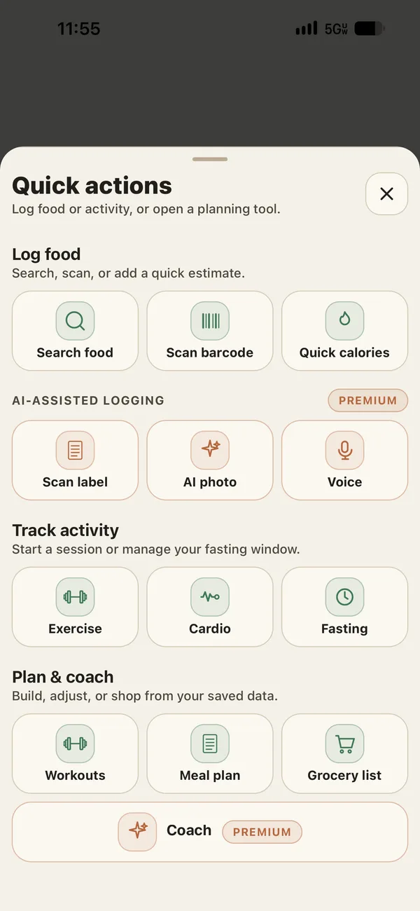 Quick add menu with search, barcode, photo, label, voice, and calorie logging options
