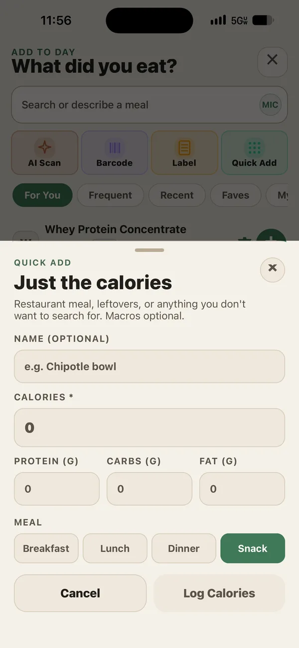 Quick add sheet for logging just the calories, with optional protein, carbs, and fat