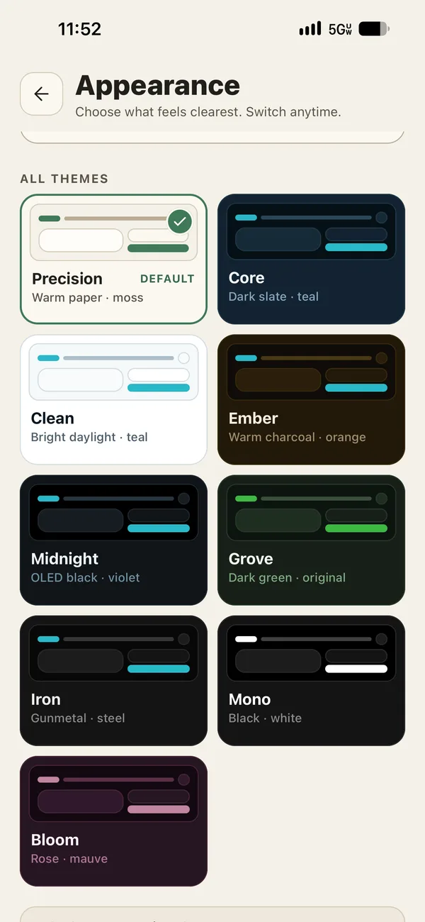 Appearance settings showing Precision, dark, bright, and monochrome themes