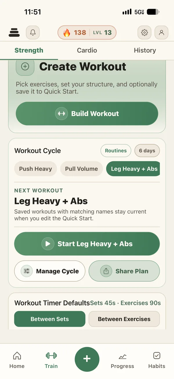 Training cycle with the next strength workout ready to start