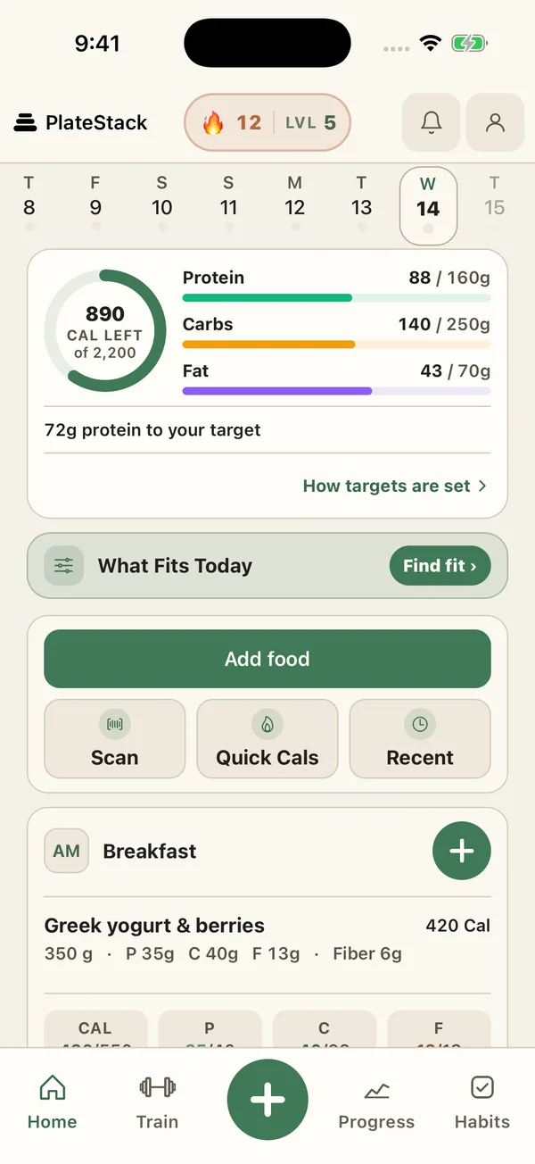 Daily food record with calories, protein, carbs, and fat against the day’s targets