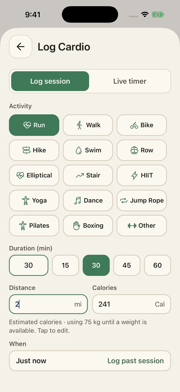 Log Cardio screen with 15 activity buttons from Run to Other, duration presets, a 2-mile distance, and an editable 241-calorie estimate