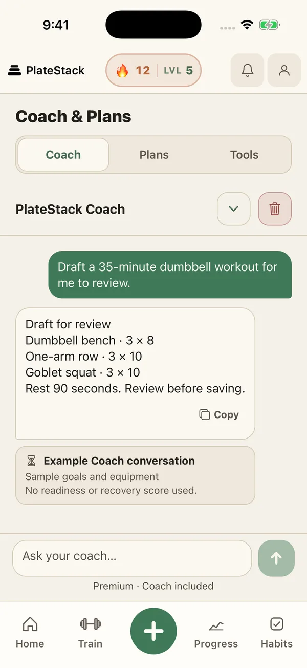 PlateStack Coach answering a workout request with a draft for review, using fictional goals and equipment