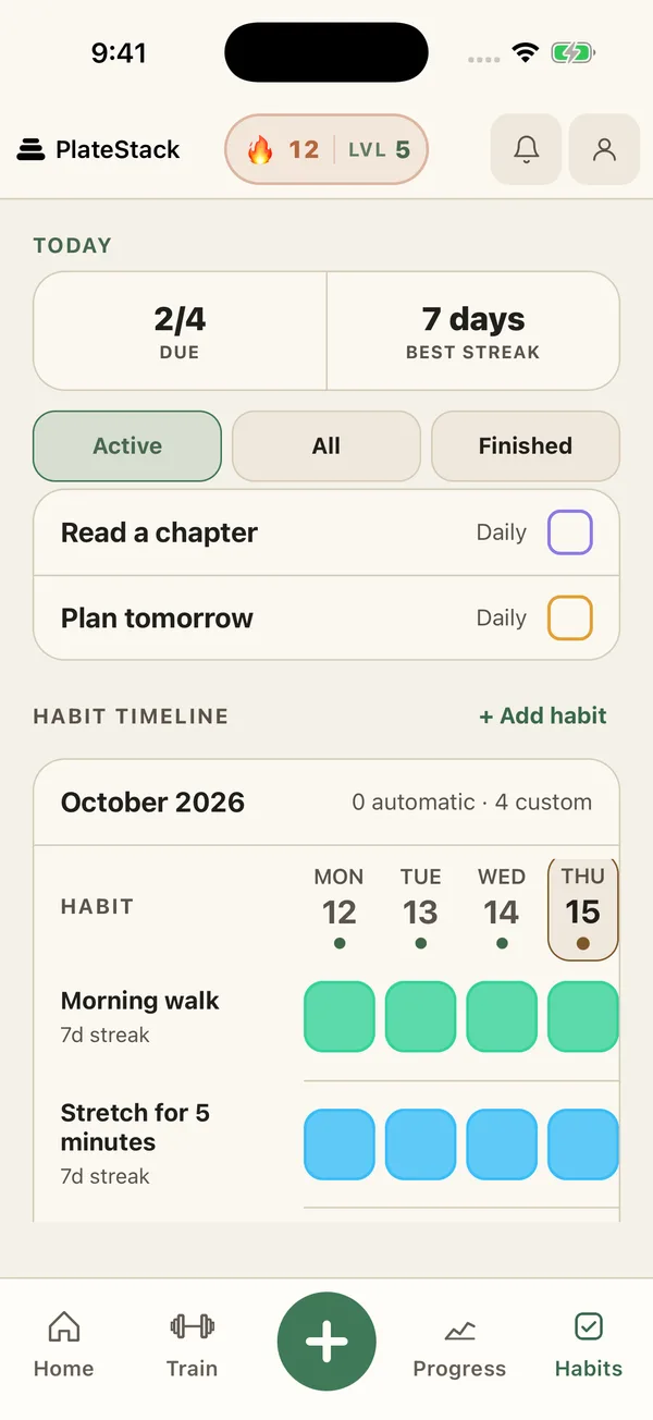Habits tab showing 2 of 4 habits due today, a 7-day best streak, and a timeline of morning walk and stretching habits with a 7-day streak each