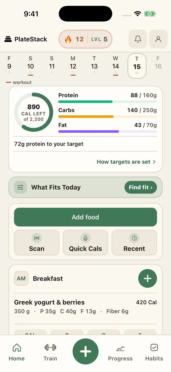 PlateStack Home showing 890 calories left of 2,200, protein, carbs, and fat bars, and breakfast with Greek yogurt and berries logged