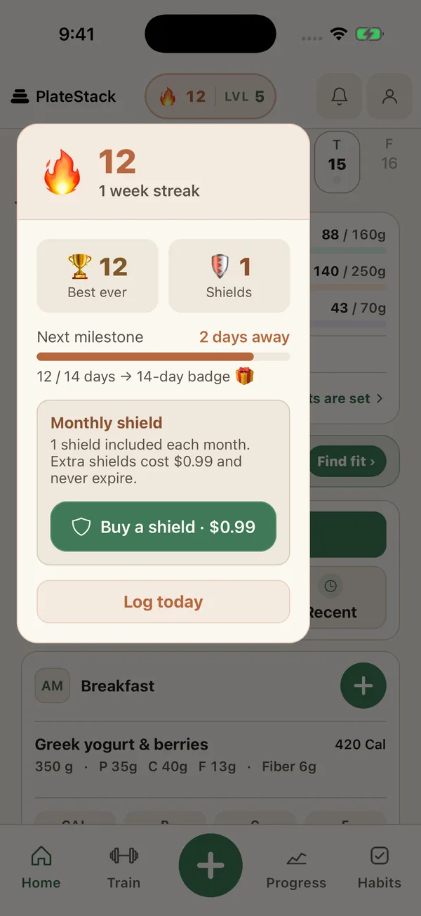 Streak card with a 12-day streak, best streak, Streak Shields, and the next milestone