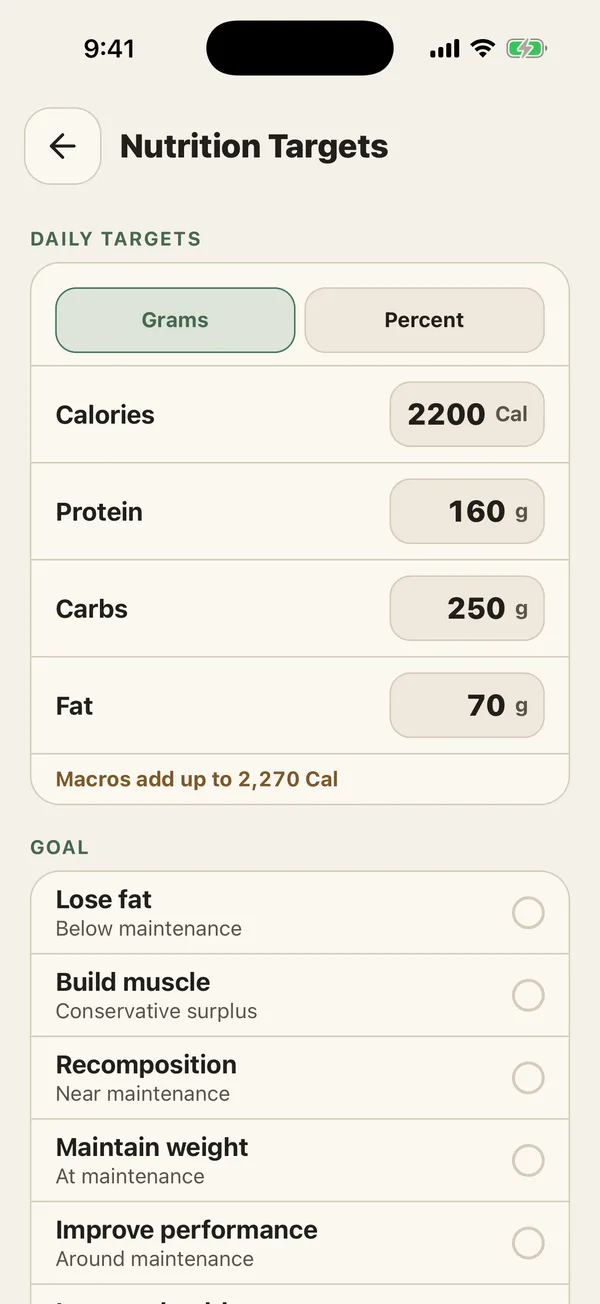 Nutrition targets with daily calories, protein, carbs, and fat, plus goal choices