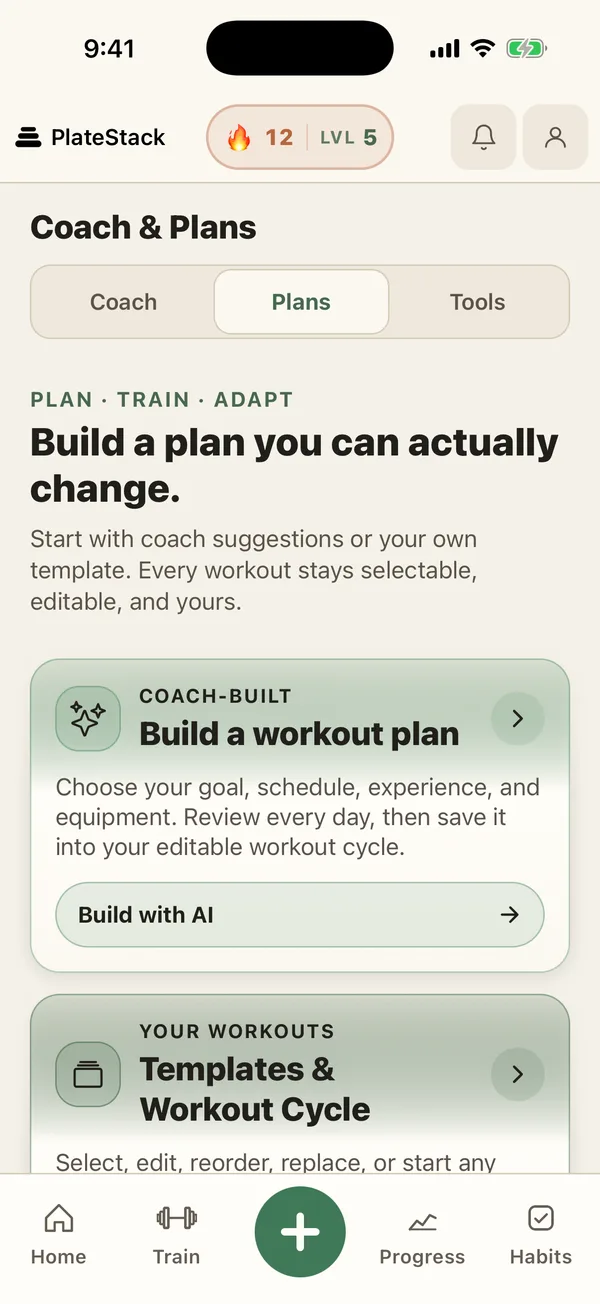 Coach and Plans tab with a coach-built workout plan builder and a Templates and Workout Cycle card