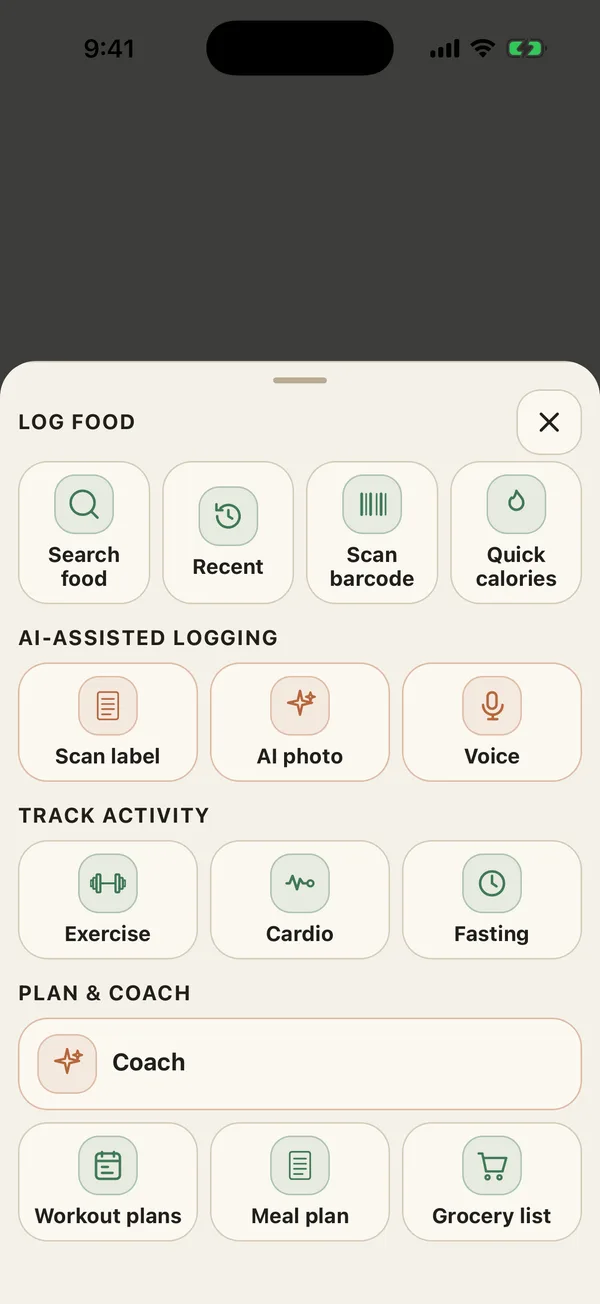 Log Food sheet with Search food, Recent, Scan barcode, and Quick calories, then Scan label, AI photo, and Voice under AI-assisted logging