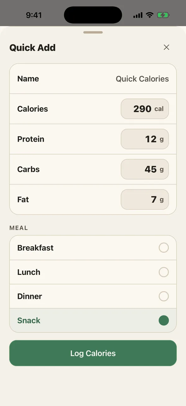 Quick Add sheet with calories, protein, carbs, and fat fields and a choice of breakfast, lunch, dinner, or snack