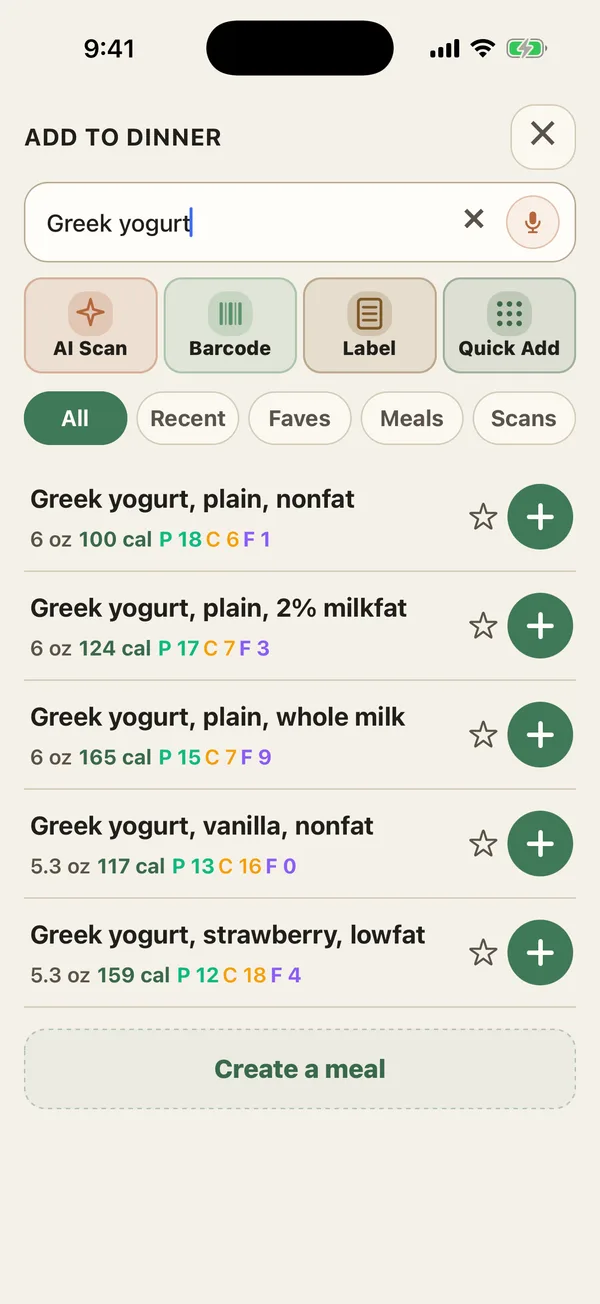 Search results for greek yogurt, each row showing the serving, calories, protein, carbs, and fat, with AI Scan, Barcode, Label, and Quick Add buttons