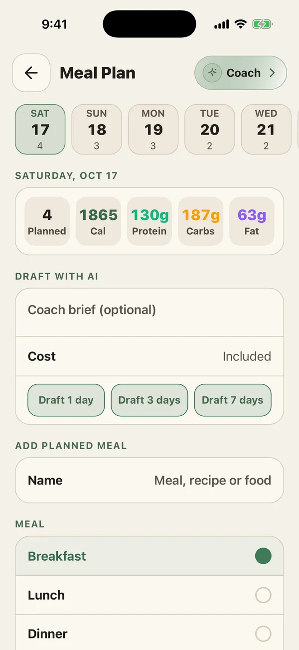 Meal Plan for Saturday, October 17: 4 meals planned totalling 1,865 calories, 130 g protein, 187 g carbs, and 63 g fat, with Draft 1, 3, and 7 day buttons