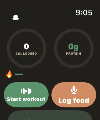 PlateStack Apple Watch app showing calories logged and protein rings with Start workout and Log food buttons