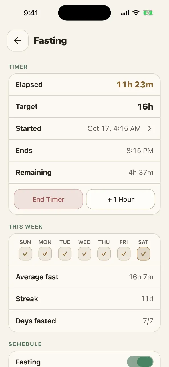 Poster frame: opening the fasting timer from PlateStack Home, eleven hours into a 16-hour fast, then scrolling to the week’s completed fasts and the 16:8 schedule