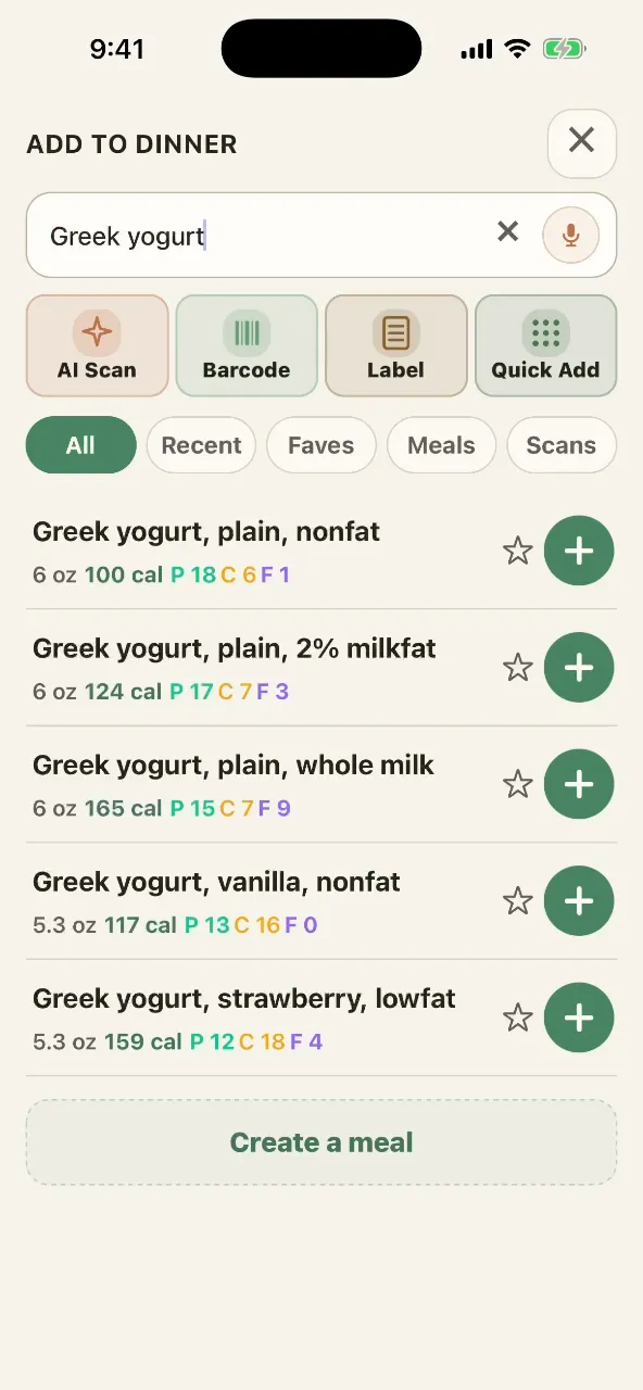 Poster frame: searching “greek yogurt” in PlateStack, opening a result, and turning the serving wheel to two servings while calories and macros update