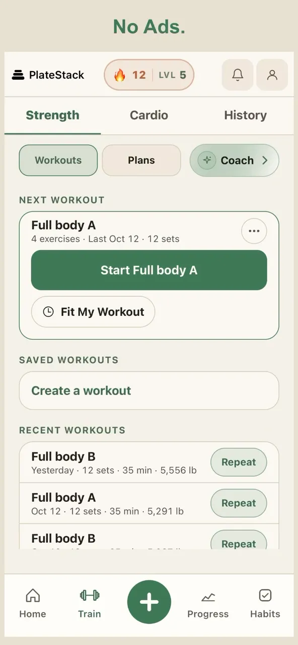 Poster frame: starting a full-body workout in PlateStack, logging a dumbbell bench press set with RIR, and the rest timer counting down